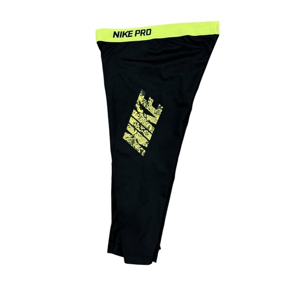 Nike Pro Cropped Gym Leggings Womens Large Black Neon Logo - Picture 1 of 7